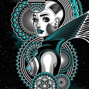 Turquoise Digital Art Vector Bald Woman Breasts…