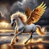 Pferd-gold-schimmernd-Engelsflügel-dunkleWolken-Meeresstrand_01.webp