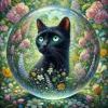 SchwarzeKatze-blühenderSommergarten-Kristallkugel-fotorealistisch-Klimt-Style_02.webp