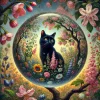 SchwarzeKatze-blühenderSommergarten-Kristallkugel-fotorealistisch-Klimt-Style_01.webp