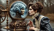 DALL·E 2025-01-20 10.59.07 - A surreal and photorealistic scene of a woman in vintage attire ...webp