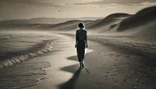 DALL·E 2025-01-26 12.03.46 - A serene scene of a woman walking barefoot along a deserted beac...webp