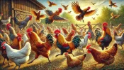 DALL·E 2025-01-26 17.07.34 - A lively and dynamic scene of a flock of chickens clucking loudl...webp